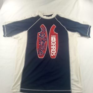 Wave Zone blue white red swim surf shirt piranha surfboards logo sunblock LG